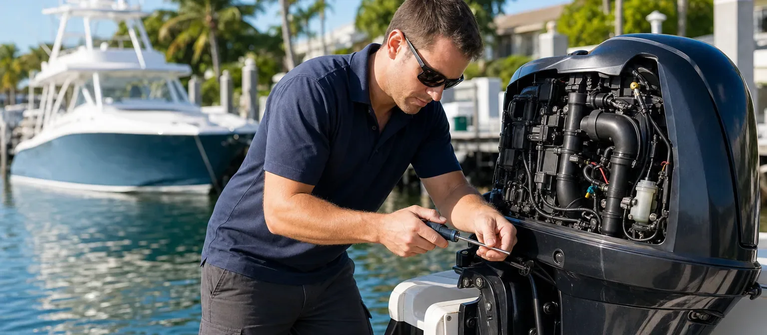 Mobile marine mechanic servicing an outboard engine at a South Florida dock